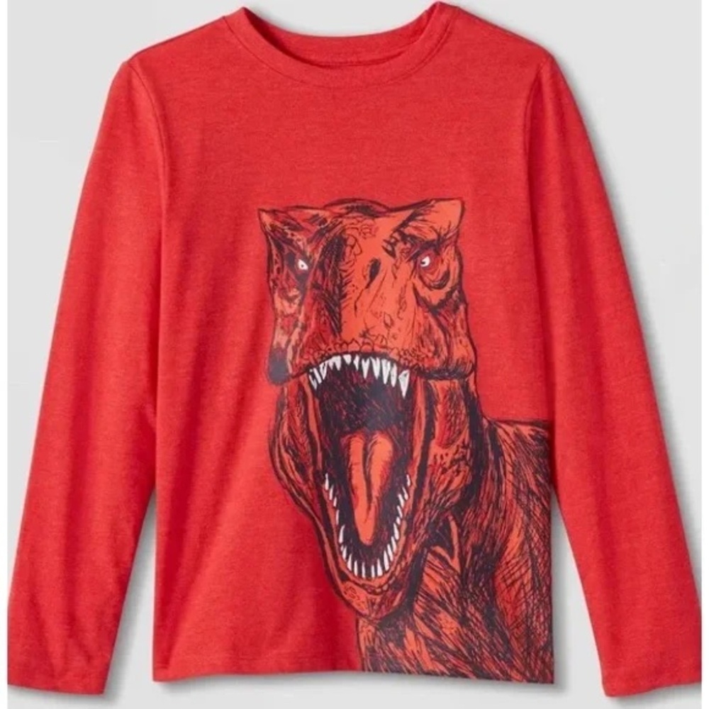 🖤 ❤️ 3/$15 Cat & Jack Red Long-Sleeve Tee with Roaring Dinosaur Graphic J